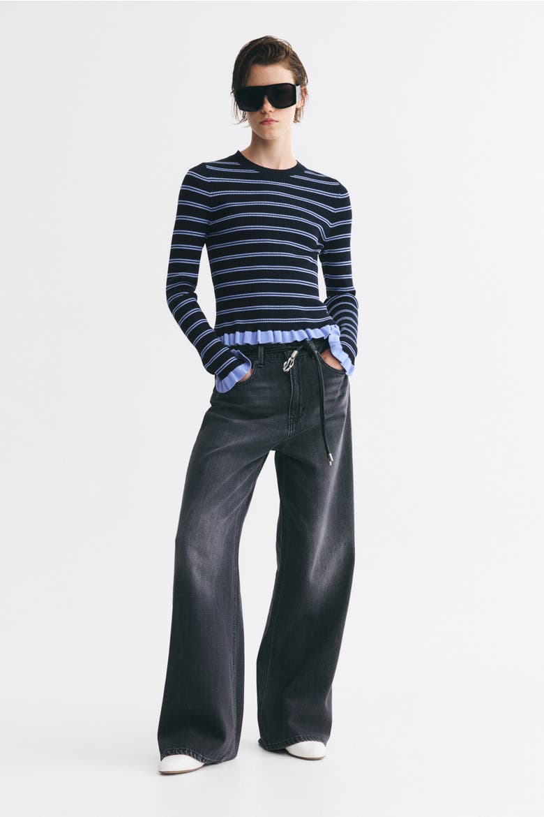 Ruffle-Trimmed Rib-Knit Top, Main, color, Navy blue/striped