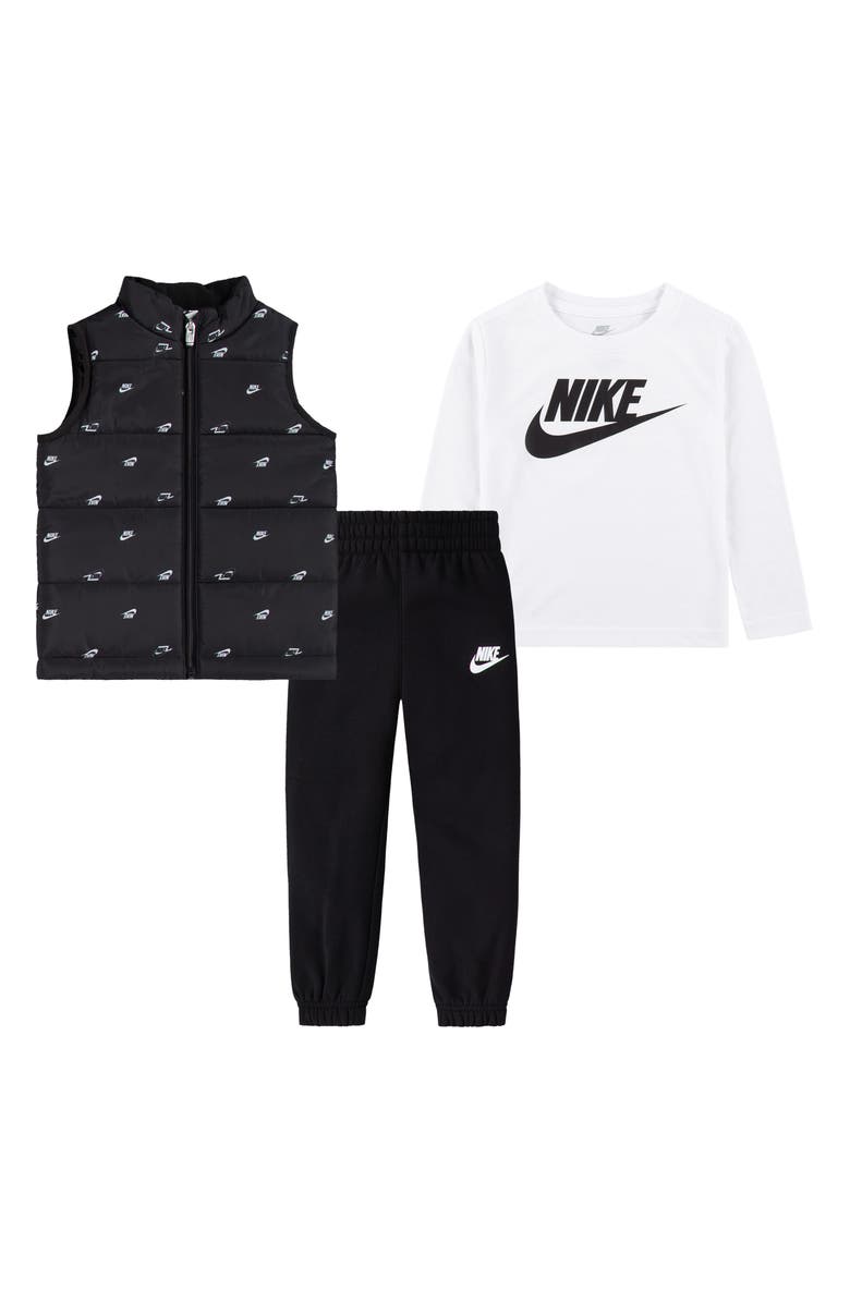 Nike Kids' Futura Puffer Vest, Logo T-Shirt & Fleece Joggers Set, Main, color, Black
