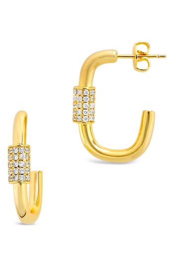 Sterling Forever Pavé Cubic Zirconia Oval Carabiner Hoop Earrings In Gold
