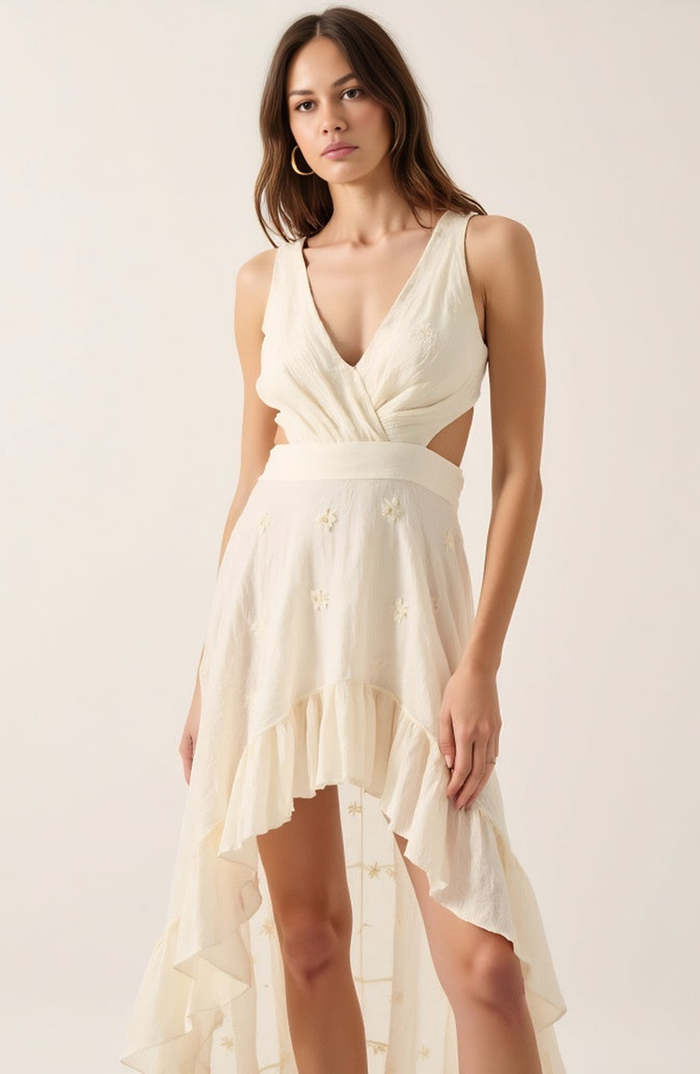 Modenaire High-Low Ruffle Hem Dress with Cutout Waist and Wrap Bodice, Alternate, color, Ivory