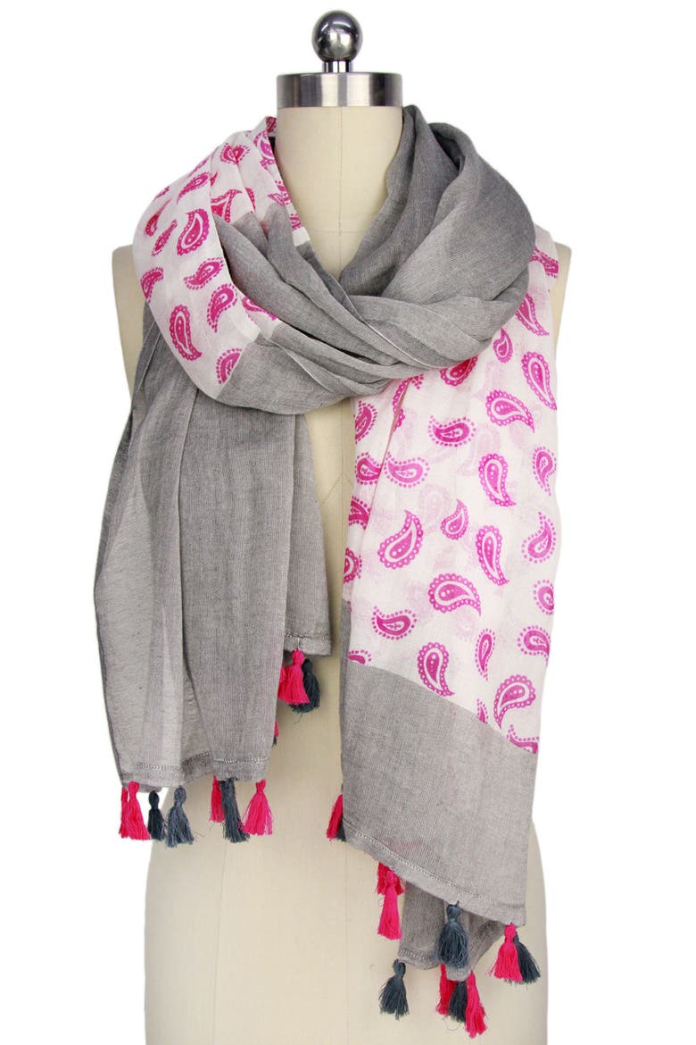 Paisley Panel Tassel Trim Scarf, Alternate, color, GREY