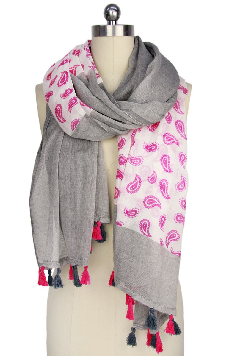 SAACHI Paisley Panel Tassel Trim Scarf, Alternate, color, Grey