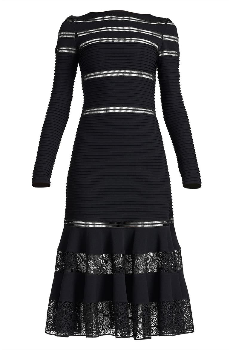 Pintuck Flare Midi Dress, Alternate, color, BLACK