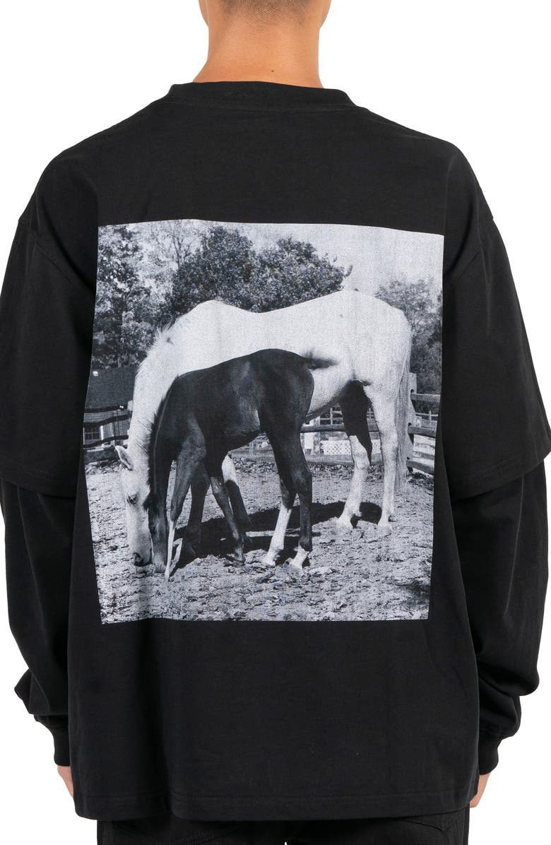 PLEASURES Horses Faux Layered Long Sleeve Graphic T-Shirt, Alternate, color,