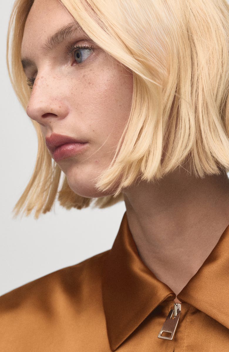 MANGO Front Zip Satin Jacket, Alternate, color, Cognac