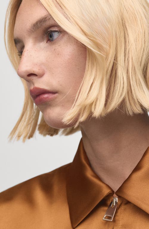 Mango Front Zip Satin Jacket In Brown