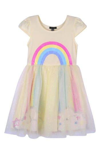 Zunie Cap Sleeve Rainbow Dress In Yellow Multi