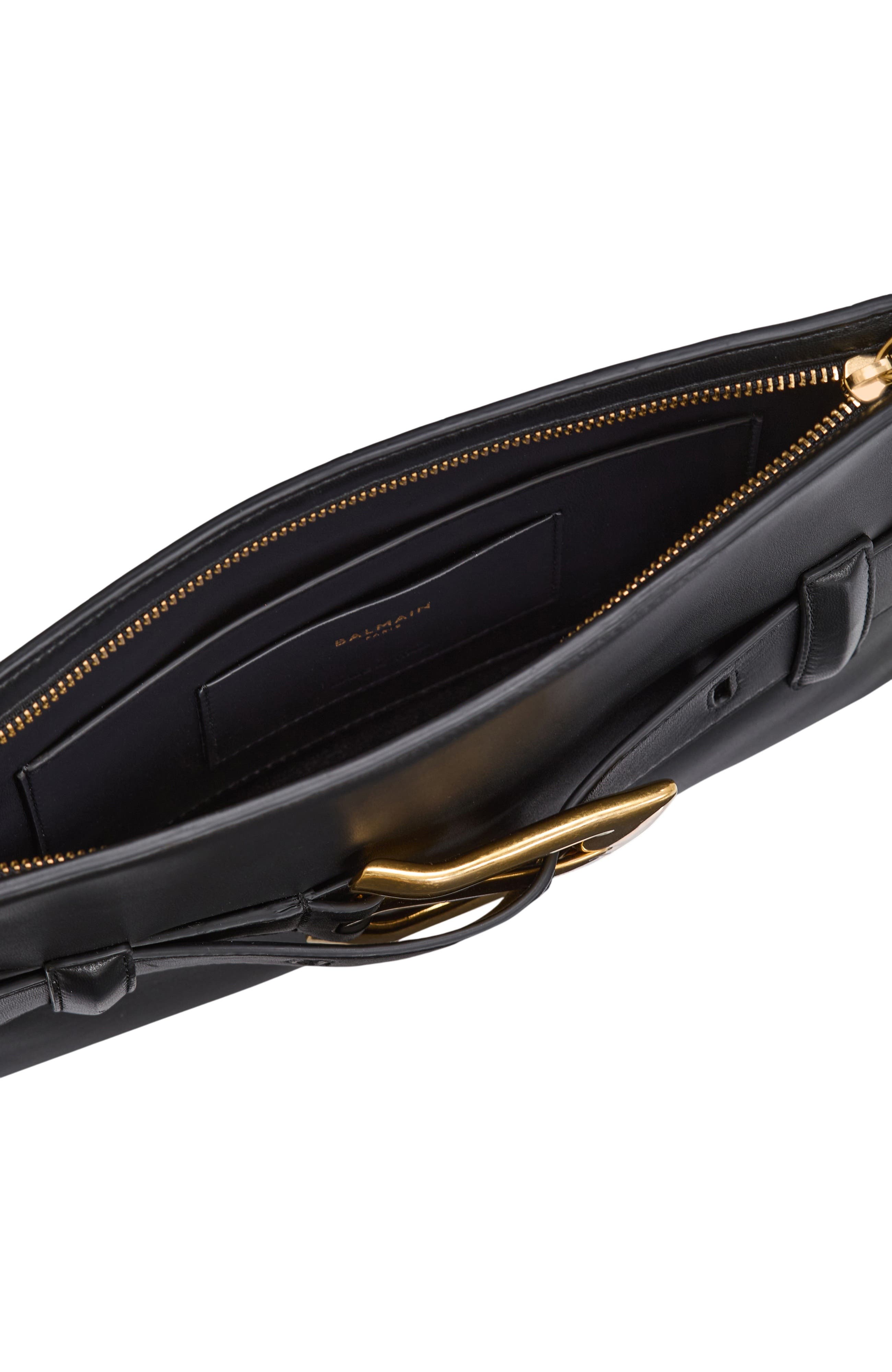 Balmain Anthem smooth leather clutch, Alternate, color, Black