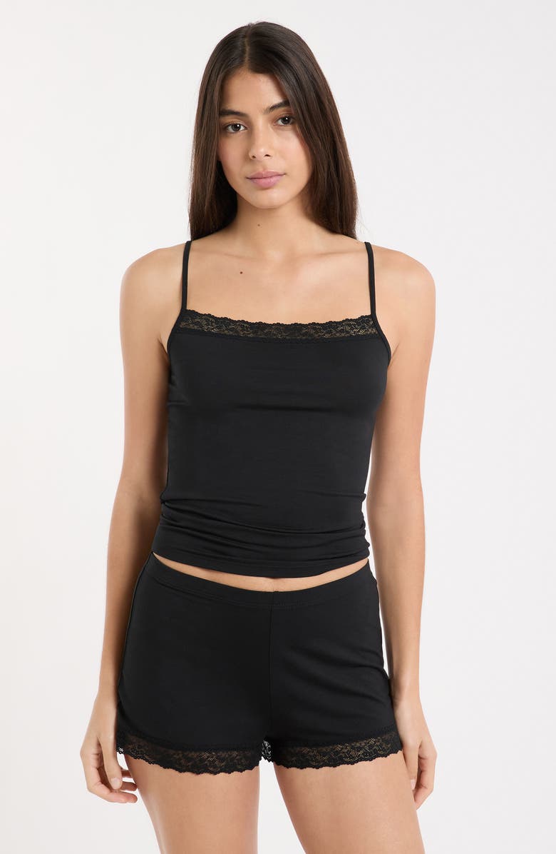 Etam Kitty Lace Trim Shorts, Alternate, color, Black