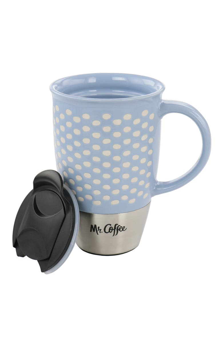 Mr. Coffee Coupleton Dot 4 Piece 15 Ounce Stoneware and Stainless Steel Travel Mug Set with Lid, Alternate, color, Blue