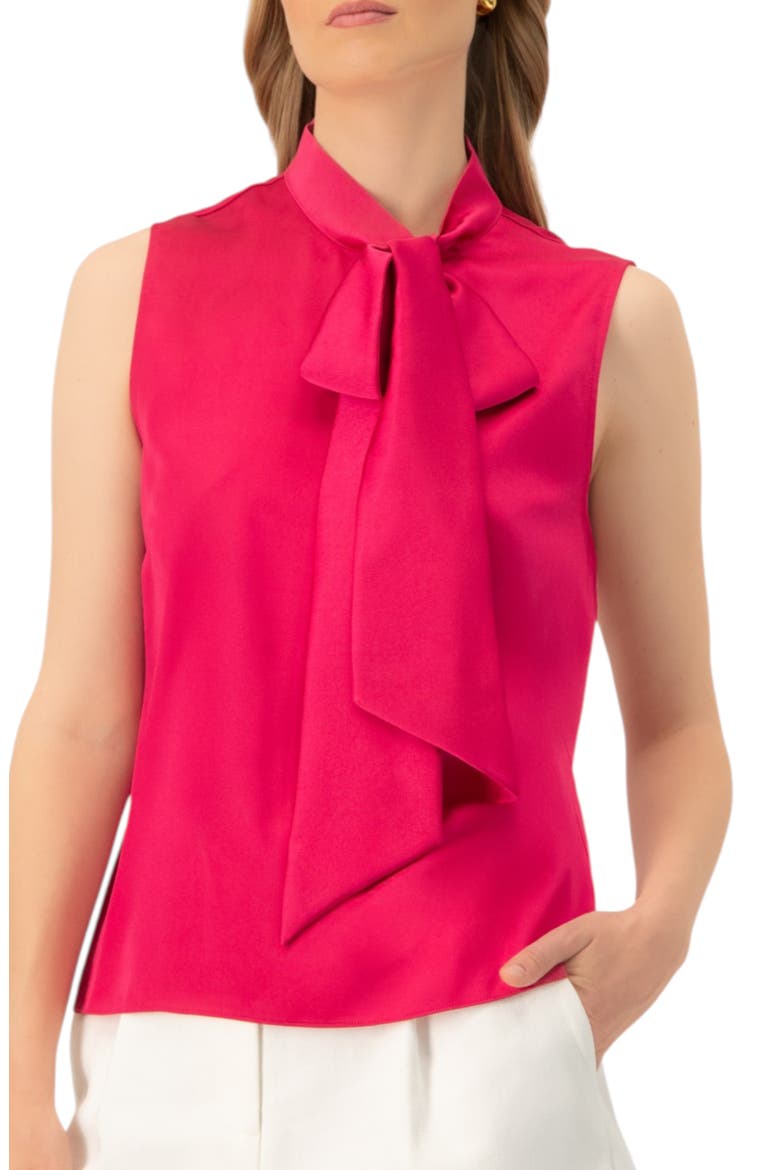 Sleeveless Satin Blouse with Neck Tie, Main, color, Fuchsia