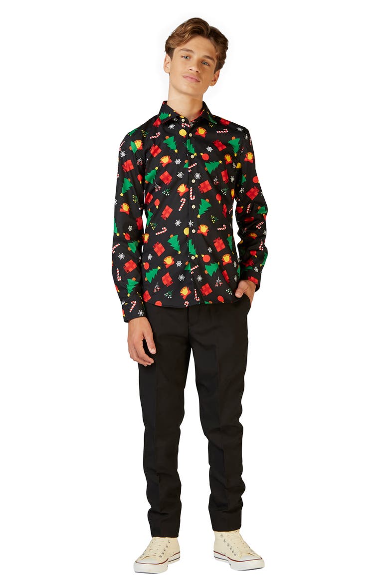 Kids' Christmas Icons Black Long Sleeve Dress Shirt, Alternate, color, BLACK