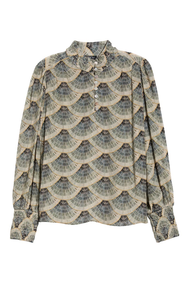 Print Smocked Cuff Long Sleeve Top, Alternate, color, GILDED CHARCOAL