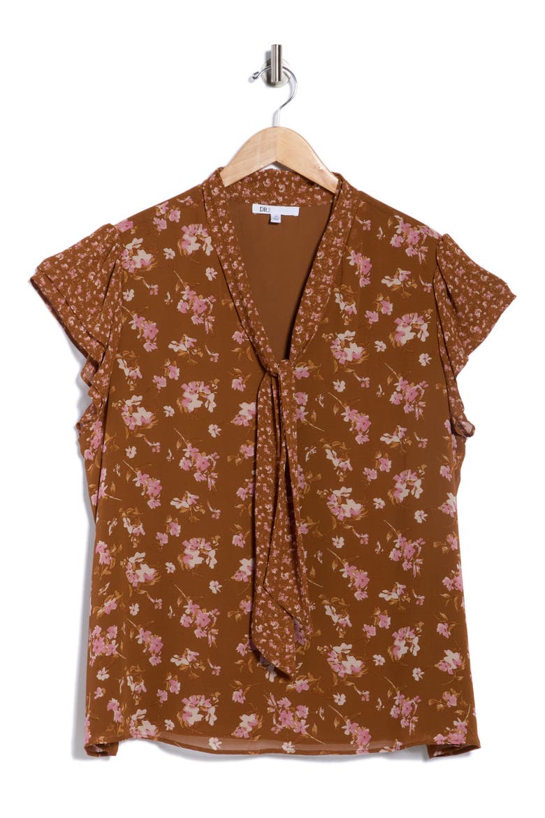 Floral Tie Neck Cap Sleeve Top, Alternate, color, ROOT BEER