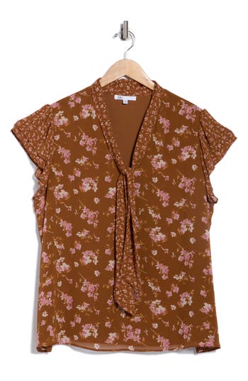 Dr2 By Daniel Rainn Floral Tie Neck Cap Sleeve Top In Brown