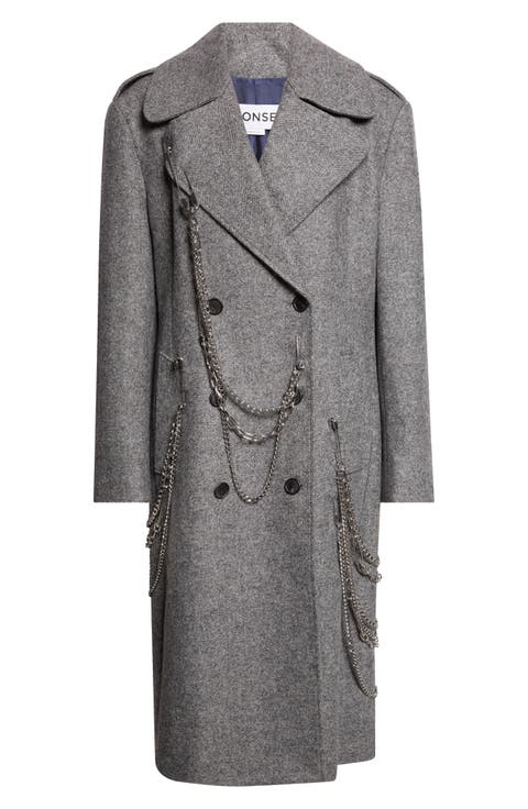 Chain Detail Wool Herringbone Coat