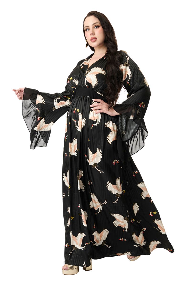 Unique Vintage Plus Size Long Sleeve Empire Waist Maxi Dress, Main, color, Black Crane Print