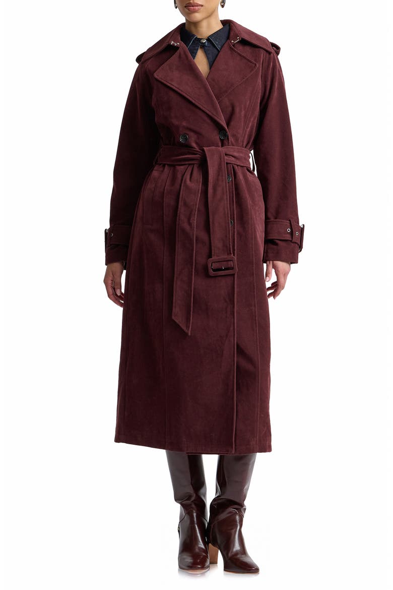 Double Breasted Faux Suede Trench Coat, Alternate, color, BLACKBERRY
