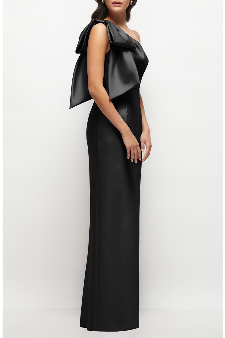 Bow Detail One-Shoulder Satin Twill Column Gown, Alternate, color, BLACK