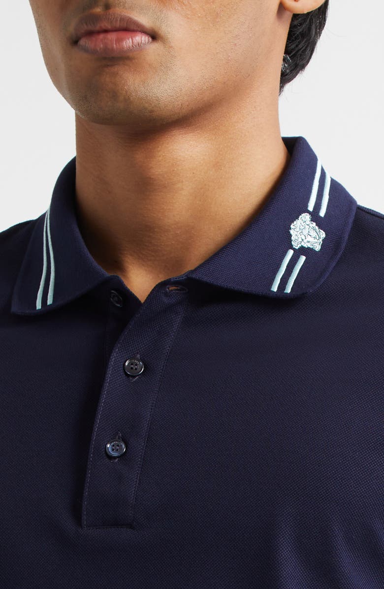 Versace Stripe Collar Cotton Piqué Polo, Alternate, color, Navy Blue