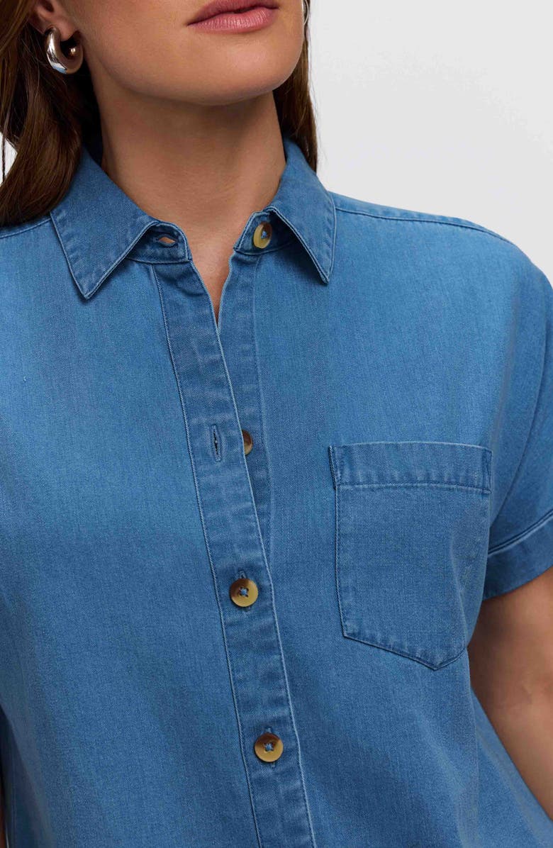 Foxcroft Abigail Short Sleeve Denim Button-Up Shirt, Alternate, color, Medium Wash Blue