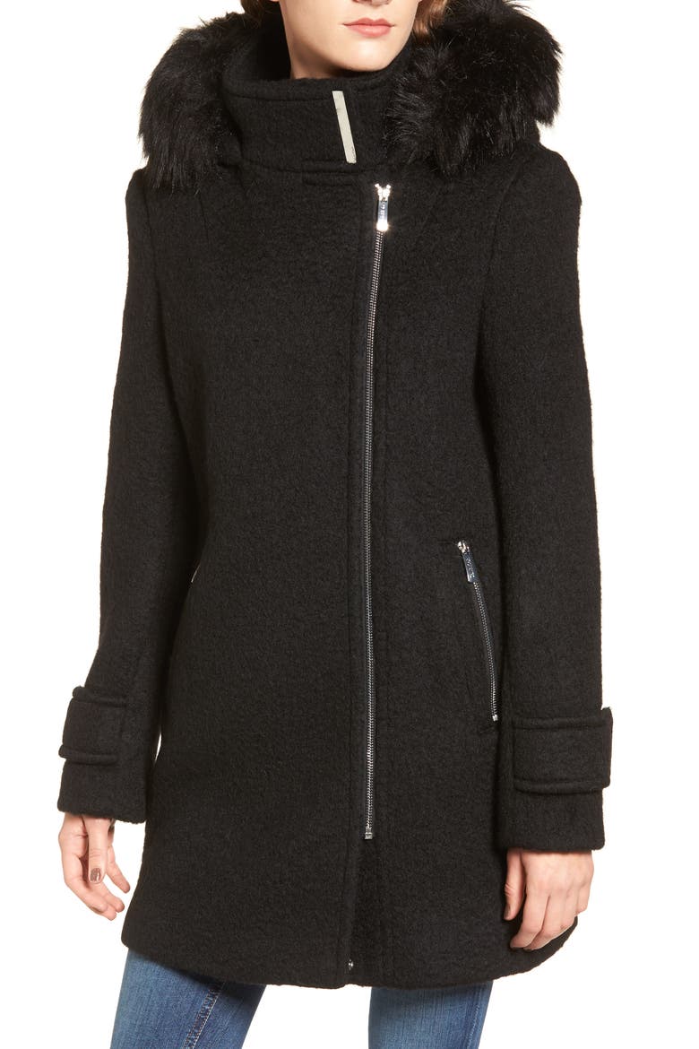 Hooded Wool Blend Jacket with Faux Fur Trim, Alternate, color, BLACK