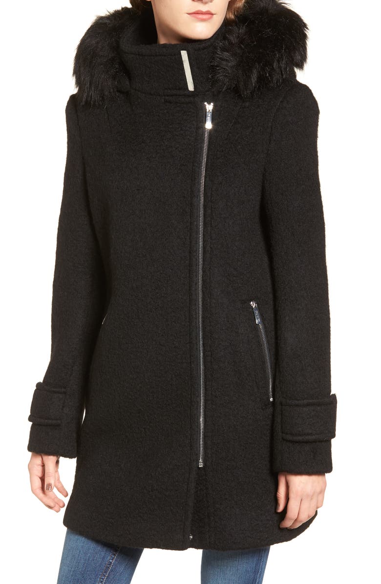 Calvin Klein Hooded Wool Blend Jacket with Faux Fur Trim, Alternate, color,