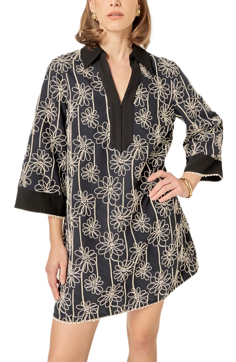 English Factory Floral Embroidery Shift Minidress, Alternate, color, Black/ Natural