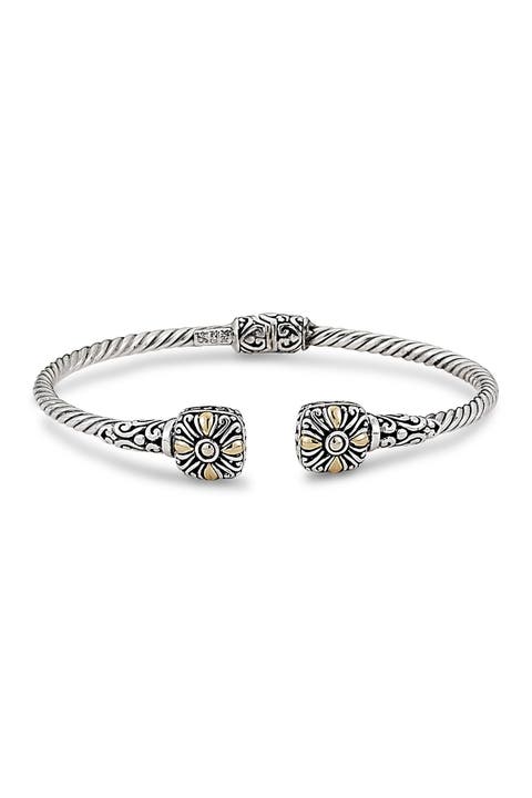 Sterling Silver & 18K Gold 3mm Hinged Four Leaf Clover Bangle