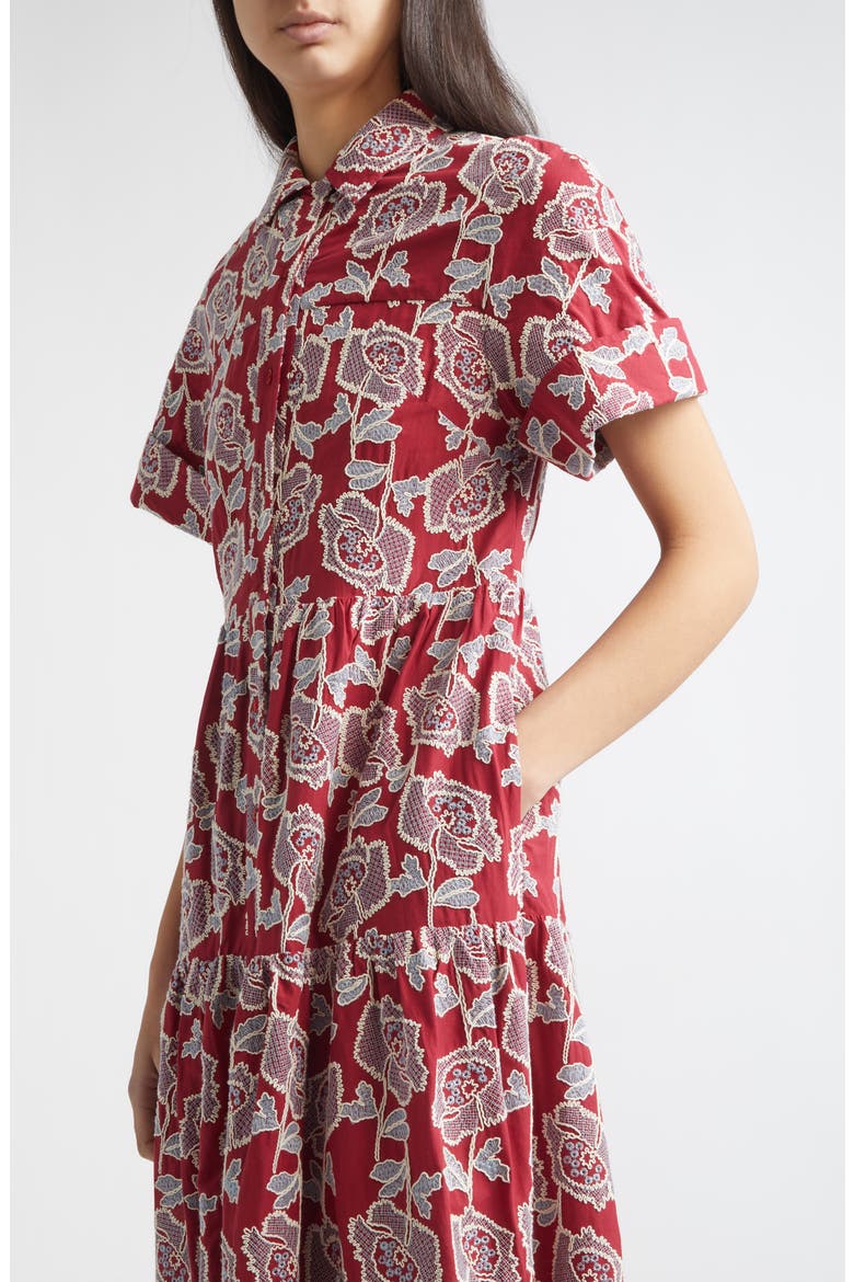 Floral Embroidered Tiered Cotton Blend Midi Shirtdress, Alternate, color, CHERRY