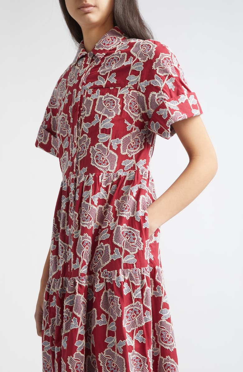 Erdem Floral Embroidered Tiered Cotton Blend Midi Shirtdress, Alternate, color, Cherry