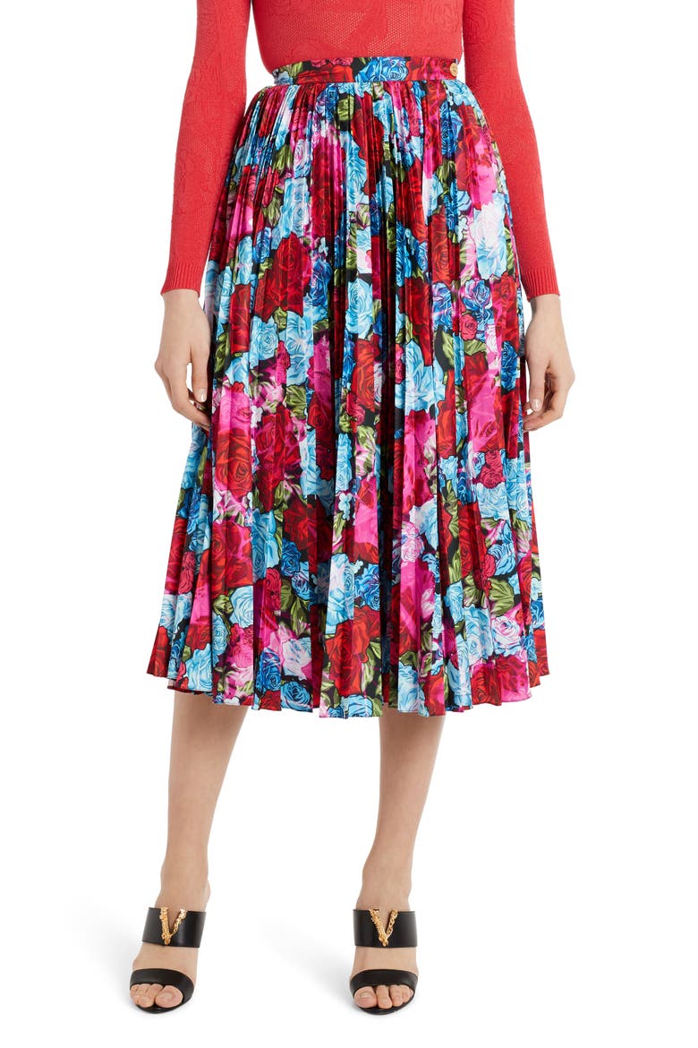 Pleated Floral Print Midi Skirt, Main, color, RED/ BABY BLUE/ FUCHSIA