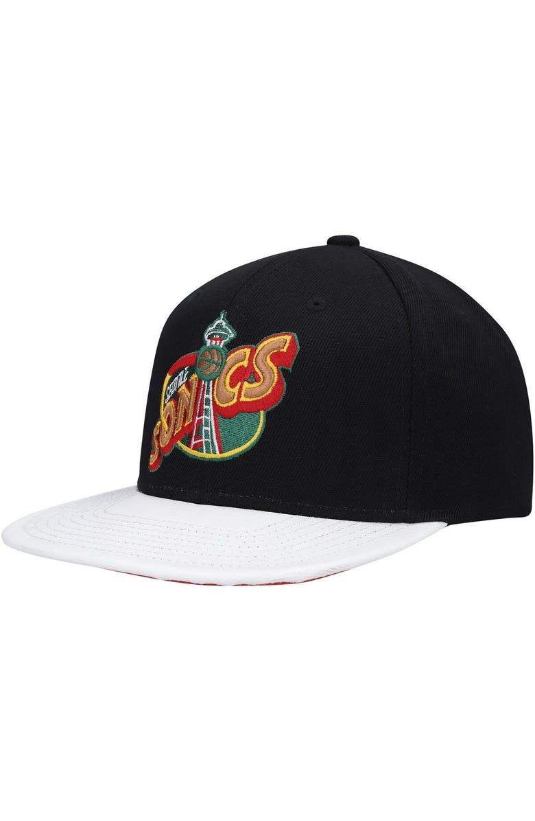 Mitchell & Ness Men's Mitchell & Ness  Black/White Seattle SuperSonics Hardwood Classics Wear Away Visor Snapback Hat, Main, color, 