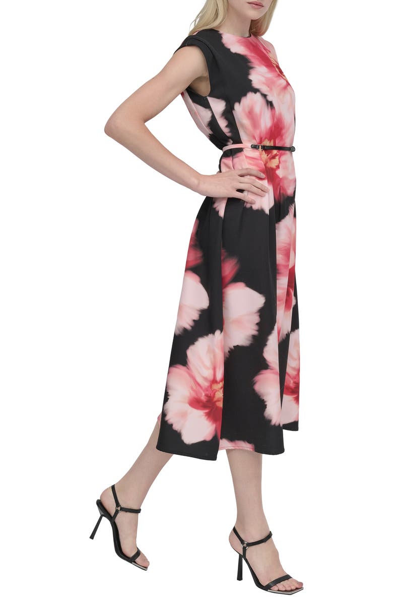 DKNY Floral Cap Sleeve Belted Midi Dress, Alternate, color, Black/ Pink Multi