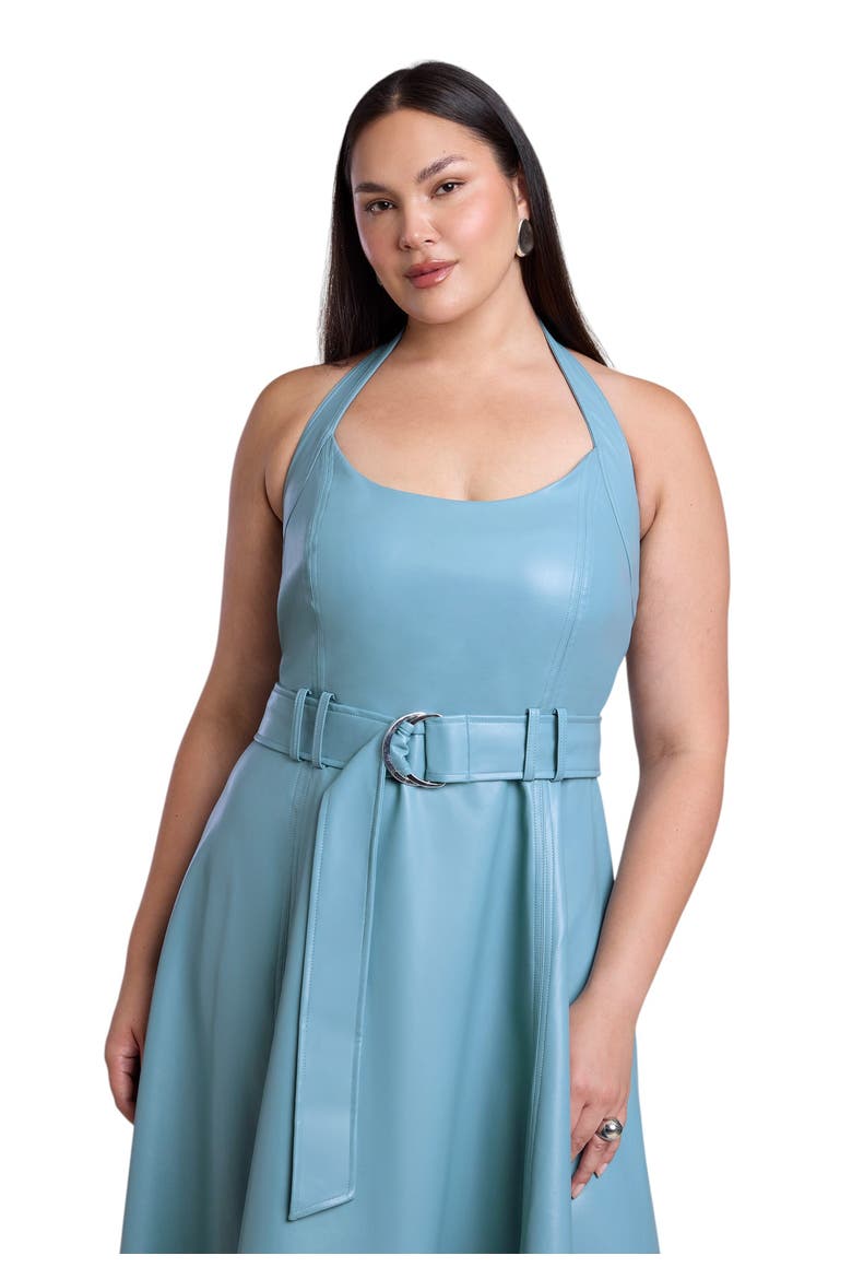 Faux Leather Halter Midi Dress, Alternate, color, CAMEO BLUE