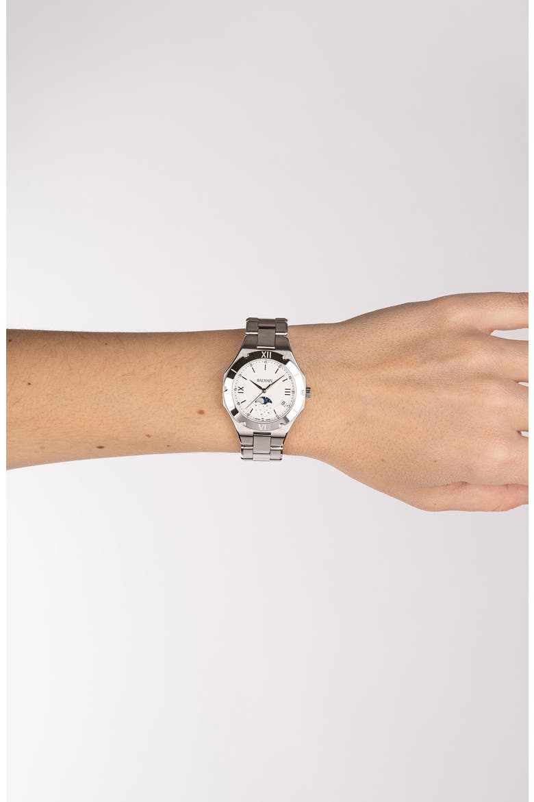 Be Balmain Diamond Moon Phase Bracelet Watch, 33mm, Alternate, color, STAINLESS STEEL