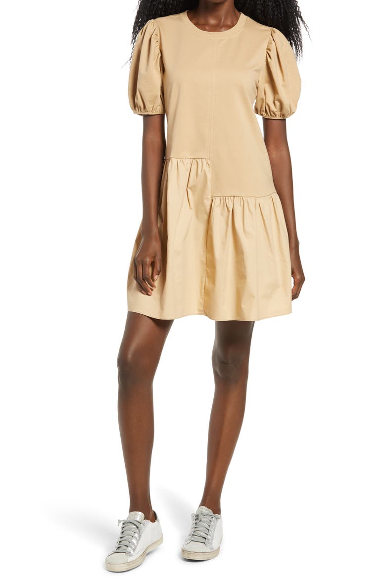 Puff Shoulder Mixed Media Minidress, Alternate, color, BEIGE