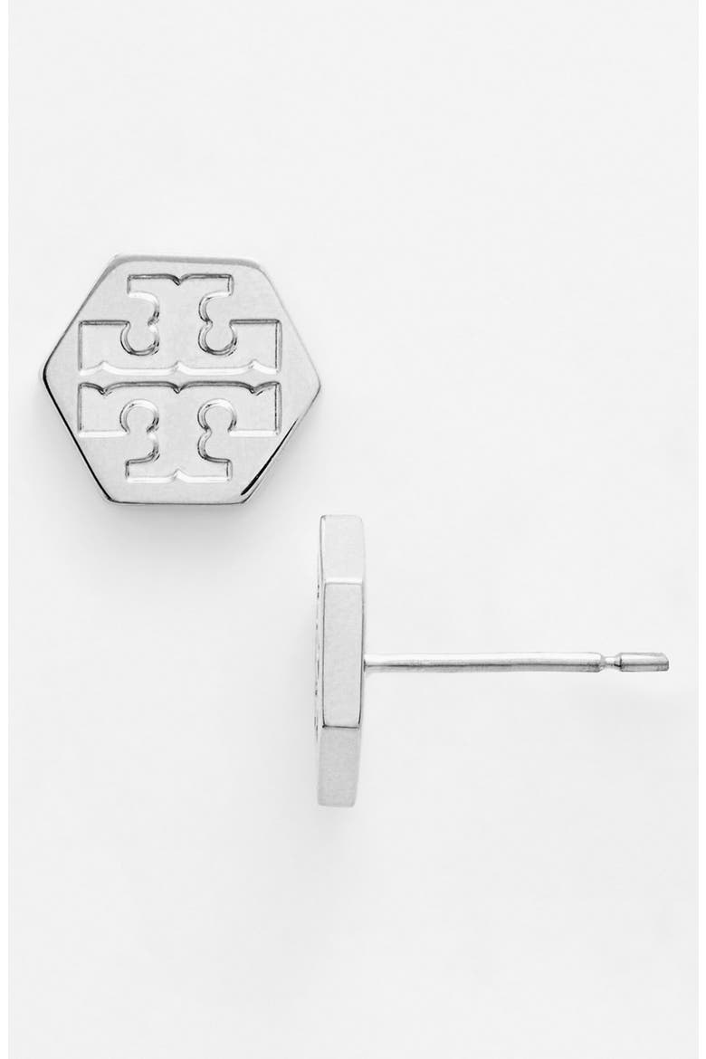 Logo Hexagon Stud Earrings, Main, color, TORY SILVER