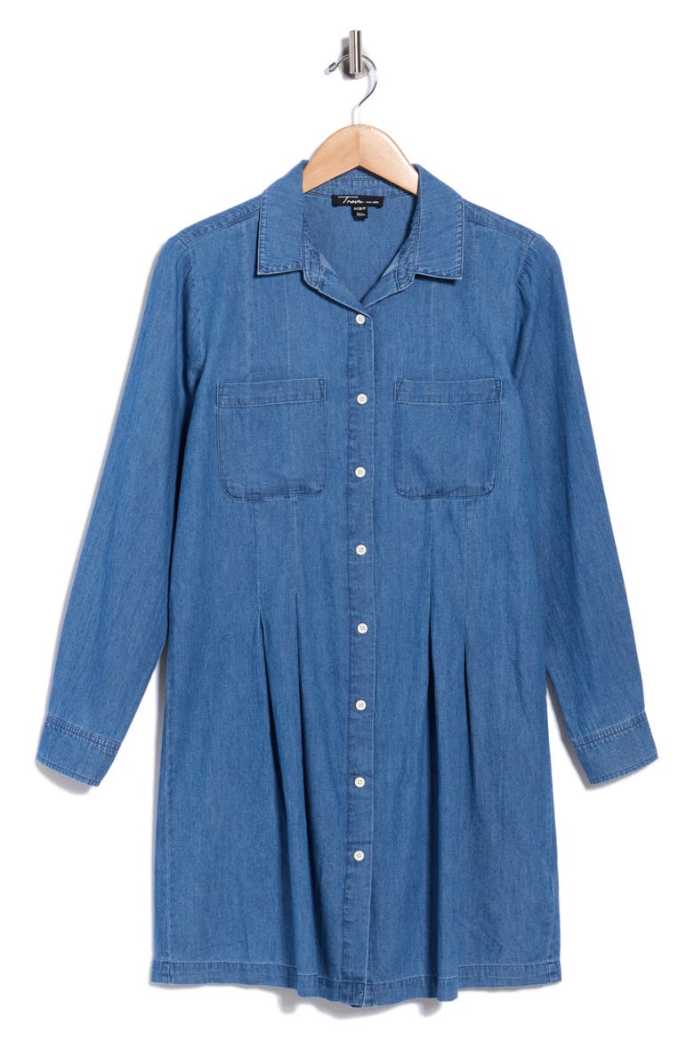 Pleated Long Sleeve Denim Shirtdress, Main, color, MEDIUM WASH