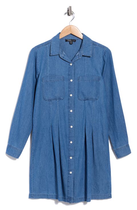 Pleated Long Sleeve Denim Shirtdress