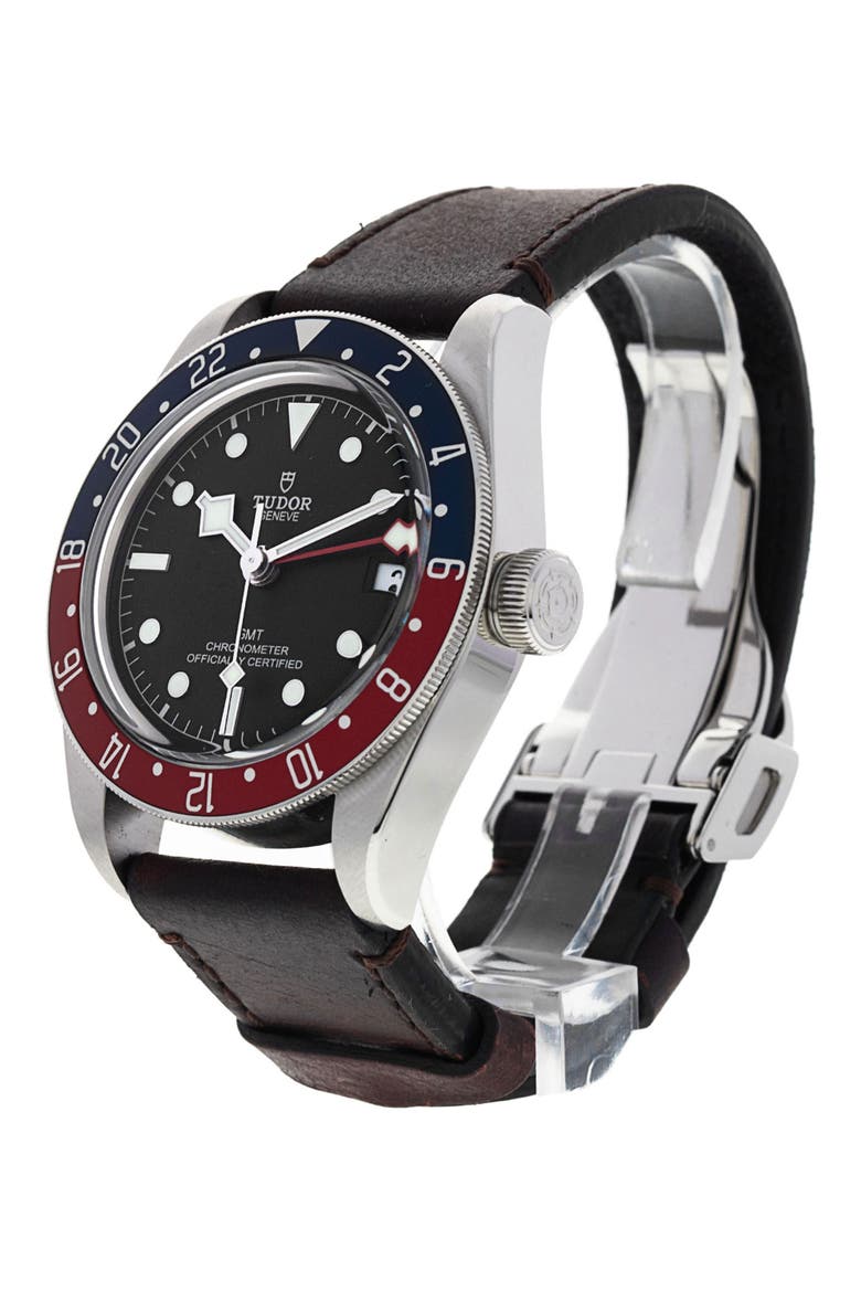 Tudor Preowned 2021 Black Bay GMT Automatic Leather Strap Watch, 41mm, Alternate, color, BLACK