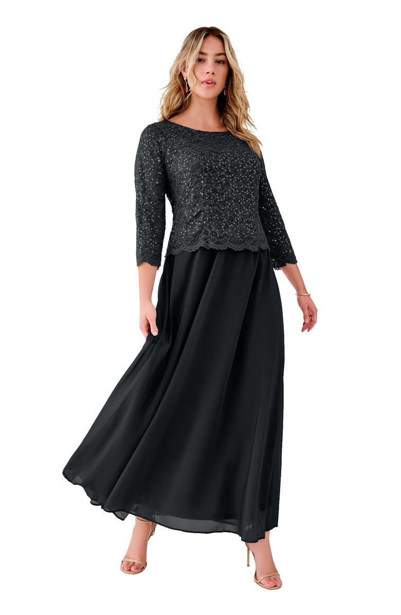 Roaman's Plus Size Sequin Lace Three Quarter Sleeve A-Line Gown, Main, color, Black