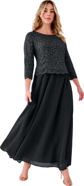 Roaman's Plus Size Sequin Lace Three Quarter Sleeve A-Line Gown