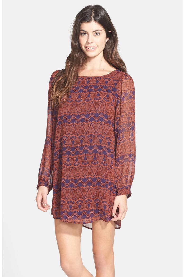 Print Woven Shift Dress, Main, color, RUST/ PURLE