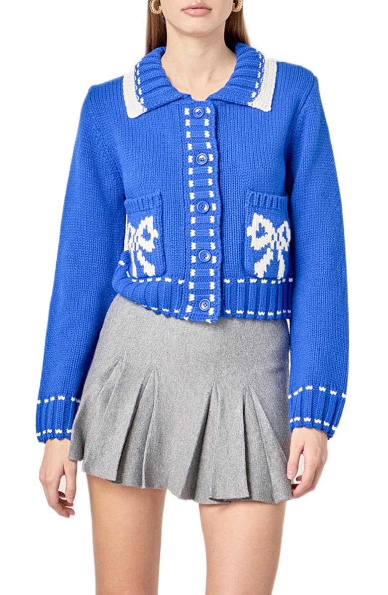 English Factory Bow Cardigan, Main, color, Blue/ White