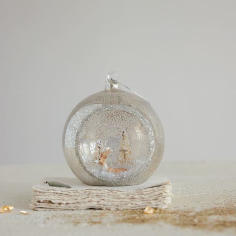 Mercury Glass Diorama Ornament with Deer and Resin Trees
