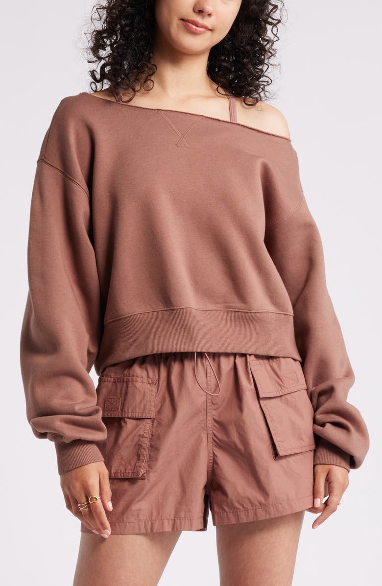 BP. Fleece Detail Off the Shoulder Sweatshirt, Main, color, Brown Topaz
