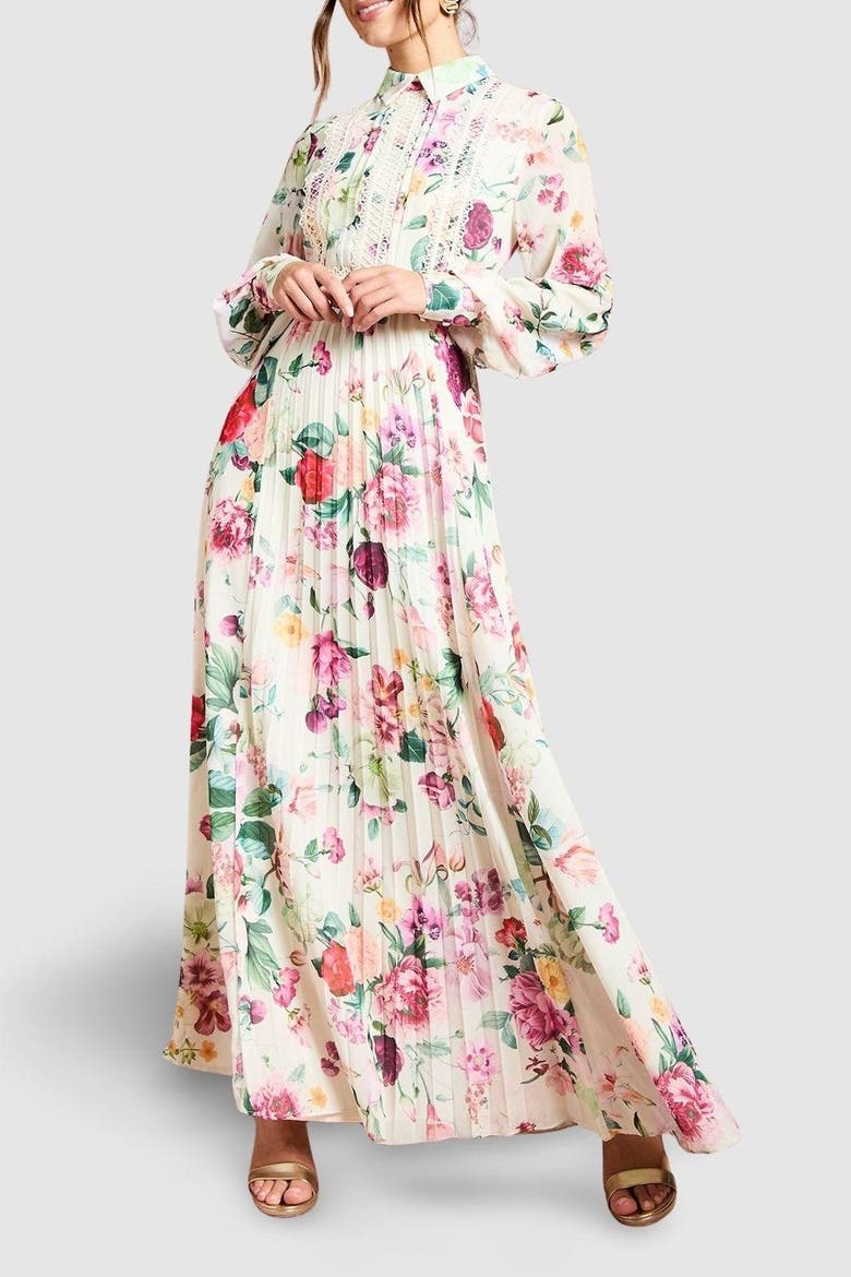 Pleated Lace Trim Midi Dress, Alternate, color, Multi