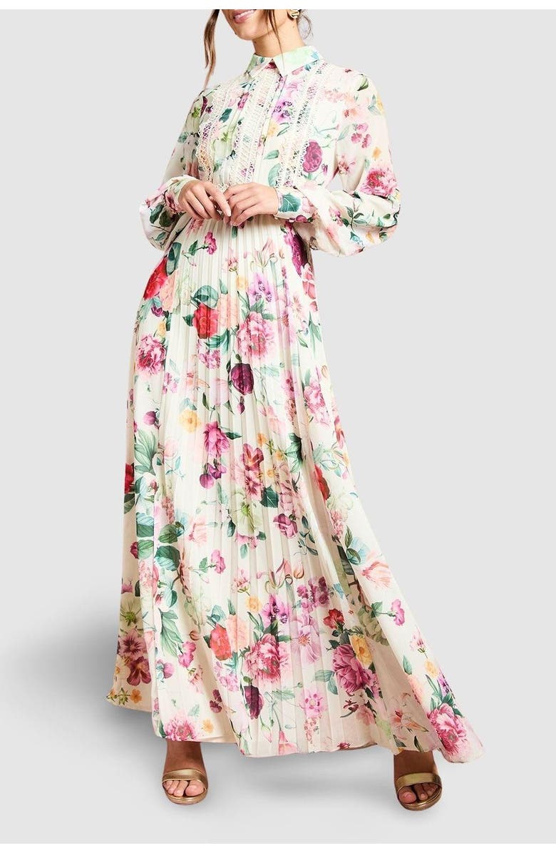 Coast Pleated Lace Trim Midi Dress, Alternate, color, Multi