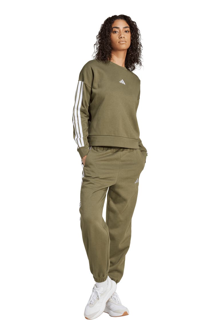 Essentials 3-Stripes Fleece Sweatshirt, Alternate, color, OLIVE STRATA/ WHITE